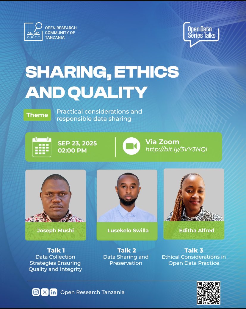 📢 Final #OpenData Talk!
📅 Sep 23, 2025 | 🕑 2:00 PM EAT
💬 Topics:
👉 Data quality, sharing &amp; preservation
👉 Ethical open data practices
🔗 Register: us02web.zoom.us/meeting/regist…

#OpenResearch #OpenScience #OpenResearchTz #OpenScienceTz