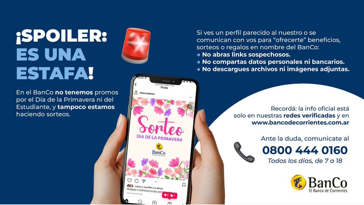 ¡Atención! 🚨

Circulan perfiles falsos que se hacen pasar por el BanCo para “ofrecer” sorteos o beneficios que NO existen ‼️

Ante cualquier duda, comunicate al 📞 0800-444-0160 (todos los días, de 7 a 18).