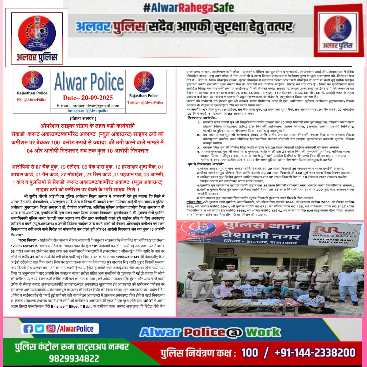 ऑपरेशन साइबर संग्राम के तहत बडी कार्यवाही 
सैकडो करन्ट अकाउण्ट/कार्पोरेट अकाण्ट (म्युल अकाउन्ट) साइबर ठगों को कमीशन पर बेचकर 100 करोड रुपये से ज्यादा की ठगी करने वाले मामले में 04 और आरोपी गिरफ्तार अब तक कुल 10 आरोपी गिरफ्तार।
#RajasthanPolice