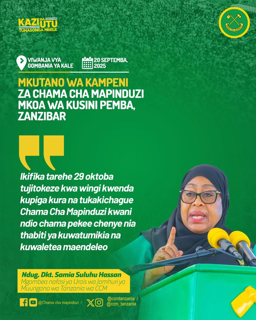 SafariyaCcm's tweet photo. Nukuu mbalimbali za mgombea URais kupitia tiketi ya Chama cha Mapinduzi Ndg Samia Suluhu Hassan akiwa Pemba - Zanzibar. 

#SafariYaCCM
#OktobaTunatiki✅
#KaziNaUtuTunasongaMbele https://t.co/IQEFlWNauu
