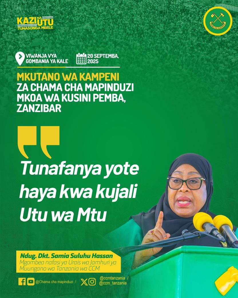 SafariyaCcm's tweet photo. Nukuu mbalimbali za mgombea URais kupitia tiketi ya Chama cha Mapinduzi Ndg Samia Suluhu Hassan akiwa Pemba - Zanzibar. 

#SafariYaCCM
#OktobaTunatiki✅
#KaziNaUtuTunasongaMbele https://t.co/IQEFlWNauu