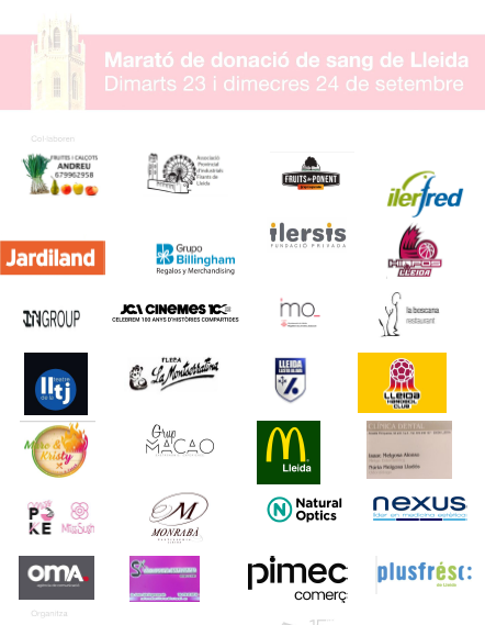 Dimarts 23 i dimecres 24 de setembre, el <a href="/caprabo/">Caprabo</a> de Lleida col.labora a la Marató de DONACIO de 🩸 SANG al Teatre de la Llotja. SOM EL QUE FEM! donarsang.gencat.cat
<a href="/donants_segria/">Donants Sang Segria</a> <a href="/aralleida/">Ara Lleida</a> <a href="/donarsang/">Banc de Sang</a> @SegriaTurisme <a href="/turismedelleida/">Lleida Turisme</a> <a href="/PostureigLleida/">Postureig de Lleida</a>
<a href="/apicslleida/">AP ICS Lleida</a> <a href="/FCDSang/">FCDSang</a>
