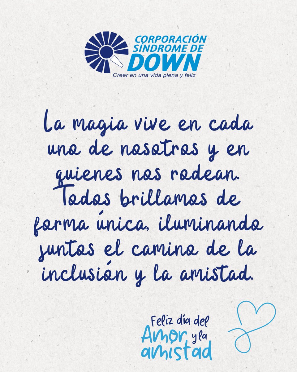 corpdown's tweet image. 💙 En la Corporación Síndrome de Down creemos que cada persona aporta una luz única que enriquece nuestras vidas. Hoy celebramos el Amor y la Amistad como valores que fortalecen la inclusión, la solidaridad y el respeto.

#AmorYAmistad #Inclusión #CorporaciónSíndromeDeDown
