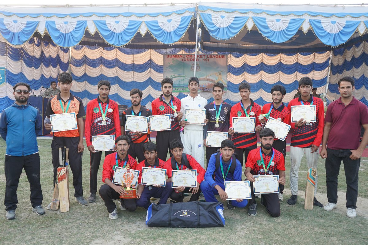"45 Bn CRPF organised an U-19 Cricket Tournament under CAP at Sumbal (18–20 Sep).  8 spirited teams battled for glory. In the grand finale, Greenland Sr. Sec. School, Sumbal clinched victory over HSS Madwan. 🏆 Medals &amp; trophies awarded—nurturing youth talent &amp; sportsmanship. ✨