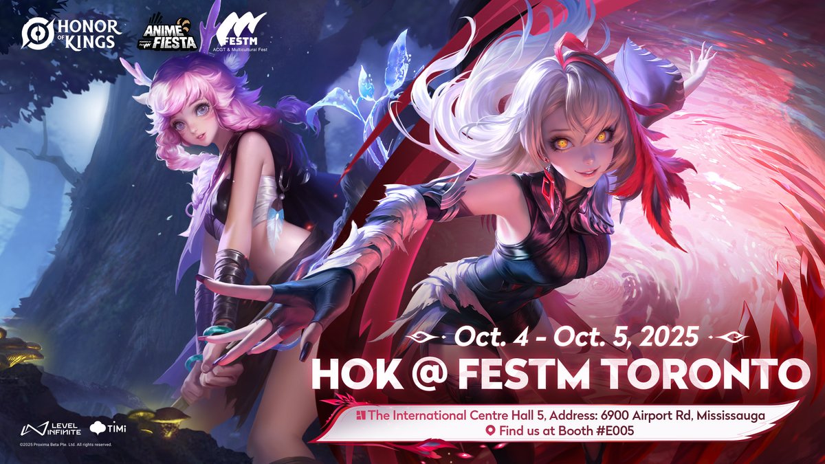 HonorOfKings's tweet photo. Toronto, here we come! Honor of Kings arrives in Canada at FestM!
📅 Oct 4–5, 2025
📍 Booth #E005, The International Centre Hall 5 (6900 Airport Rd, Mississauga)
📸 Pose with Umbrosa at the photo op
🎁 Grab exclusive merch
🎮 Try HOK at the demo station
📅 Cosplayer gathering on Oct.4 (Sat), 2–5 PM! All HOK cosplayers and fans welcome!
#HonorofKings #HOK #HOKFESTM #HONOROFKINGS