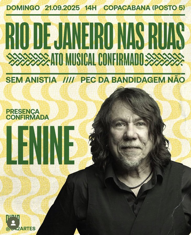 🚨 AGORA: Lenine também confirma presença no ato contra PEC DA BANDIDAGEM no Rio de Janeiro! É a festa da democracia!

#PECdaBandidagemNAO #SemAnistia