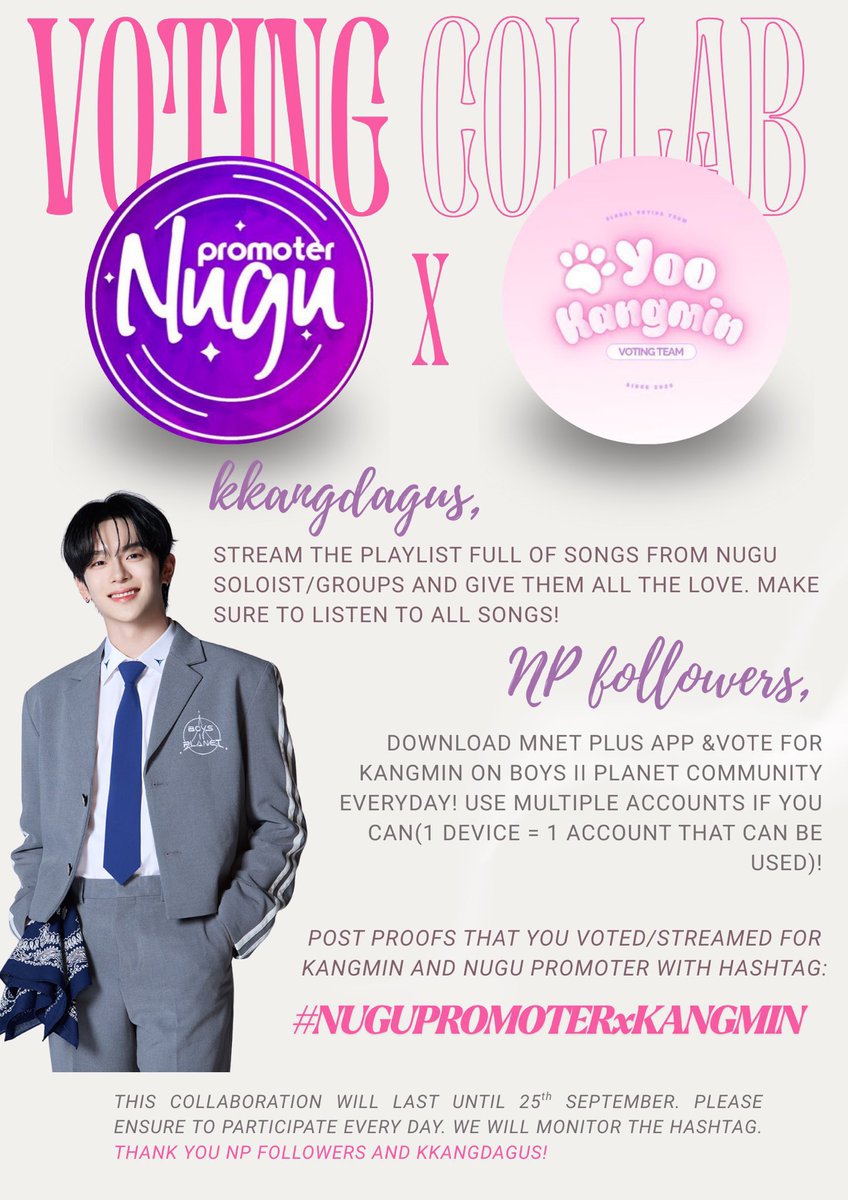 nugupromoter's tweet photo. We collaborated with @VotingYKM again!

Vote Yoo Kangmin on BOYS II PLANET and Kkangdagus will stream songs from some of your favorite artists (like JINNY, X:IN, BLACKSWAN, PURPLE KISS, ICHILLIN’, etc.)! 🫶

Share proof with hashtag #NUGUPROMOTERxKANGMIN

New playlist + app link in replies
Voting ends September 25, 10AM KST :)