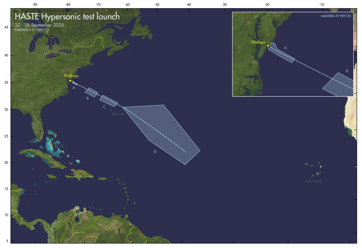 Navigational Warnings have appeared that point to an elaborate #HASTE #hypersonic #missile test from Wallops between Sept 22-28.
<a href="/nukestrat/">Hans Kristensen (also on Bluesky)</a> <a href="/planet4589/">Jonathan McDowell</a> <a href="/wslafoy/">Scott LaFoy</a> <a href="/Etienne_Marcuz/">Etienne Marcuz</a>