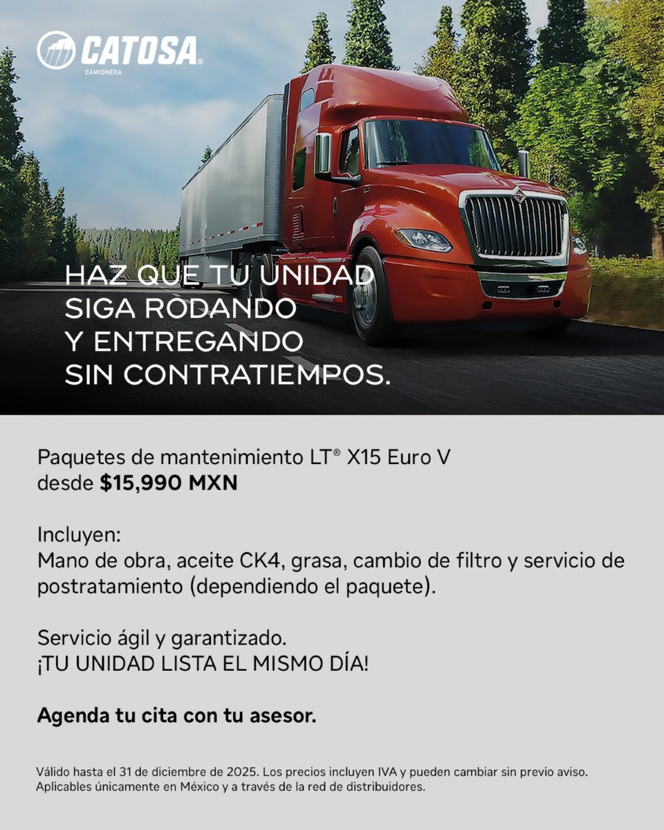 CATOSAMX's tweet image. Un mantenimiento a tiempo es la mejor inversión 🚛 💨

Desde $15,990 MXN cuida tu #LT® X15 #EUROV con aceite CK4, grasa, filtros y postratamiento (según paquete). Evita fallas y asegura más kilómetros productivos.

📍 Agenda tu cita y protege tu motor con el respaldo de #CATOSA.