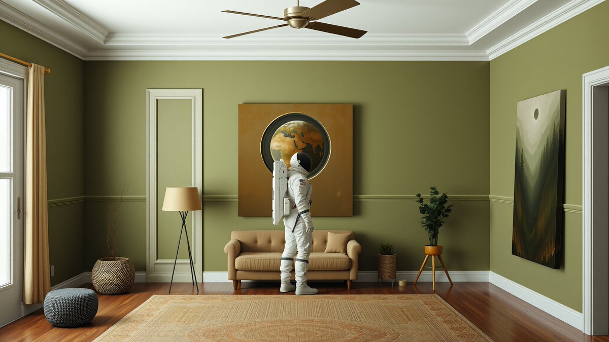 坐在客厅凝视地球画作的宇航员，象征加密货币冲向月球的幻想