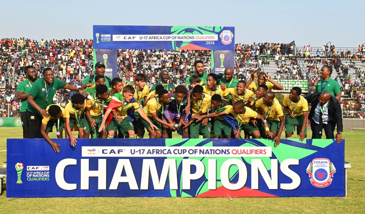 COSAFAMEDIA's tweet photo. History made as South Africa are crowned the first winners of the new COSAFA U-17 trophy at Ngoni Mwos Stadium! They rule Southern Africa and punch their ticket to the TotalEnergies U-17 AFCON 2026 in style!

#COSAFAU17 #TotalEnergiesAFCONU17 #CAF #U17AFCON https://t.co/qyDFkAQyCU