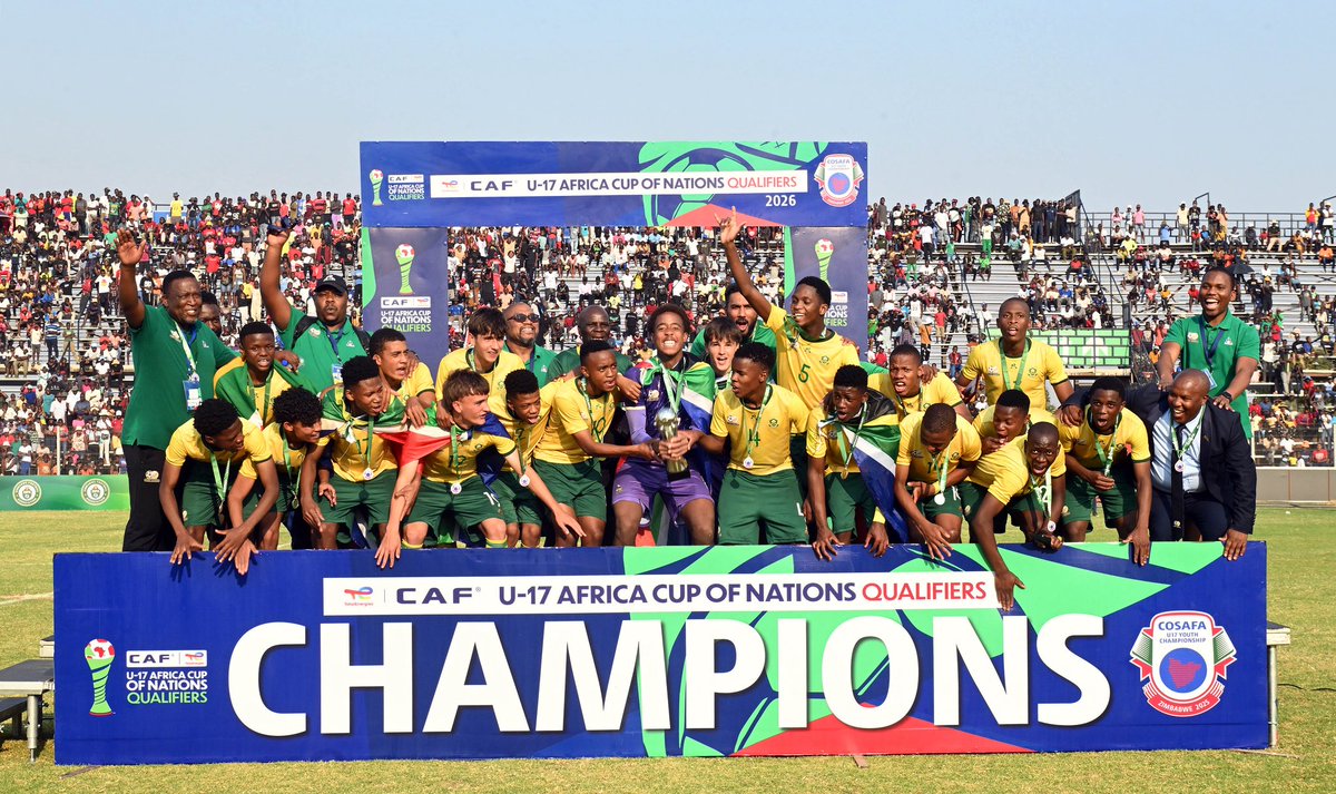 COSAFAMEDIA's tweet photo. History made as South Africa are crowned the first winners of the new COSAFA U-17 trophy at Ngoni Mwos Stadium! They rule Southern Africa and punch their ticket to the TotalEnergies U-17 AFCON 2026 in style!

#COSAFAU17 #TotalEnergiesAFCONU17 #CAF #U17AFCON https://t.co/qyDFkAQyCU