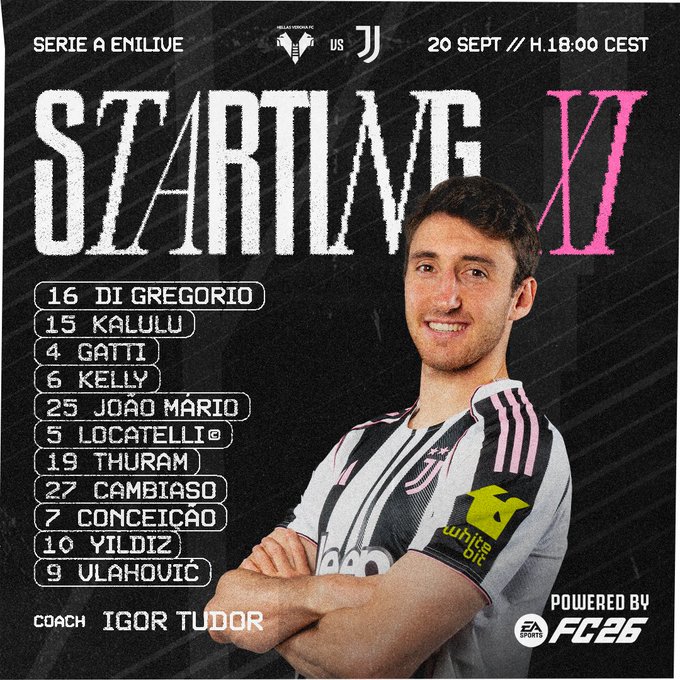A man wearing a Juventus FC jersey with black and white stripes and pink accents, standing with arms crossed. Text overlay lists the starting lineup: 16 Di Gregorio, 15 Kalulu, 4 Gatti, 6 Kelly, 25 Joao Mario, 5 Locatelli, 19 Thuram, 27 Cambiaso, 11 Yildiz, 9 Vlahovic, coached by Igor Tudor. The text also includes "Serie A EmiLive" and "20 Sept / H.18:00 CEST".