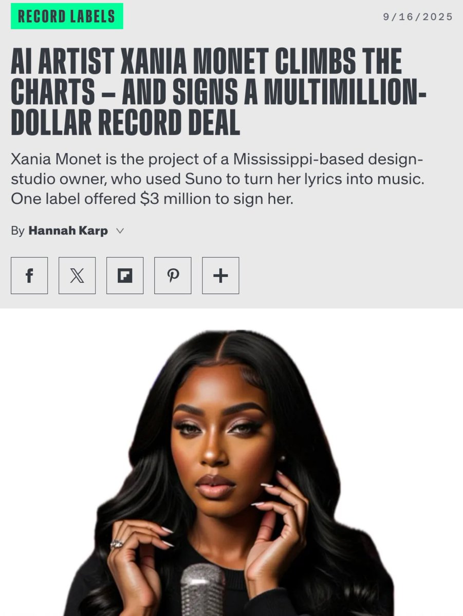 bearlyai's tweet photo. Xania Monet is an AI song artist and has signed a $3m record label.

A 31-year old named Telisha Jones created Xanai by writing her own poems and using Suno AI to generate it.

Her song “How Was I Supposed to Know” passed 10m+ streams and hit #21 on Billboard’s Hot Gospel chart. https://t.co/Sn9kiipmIj