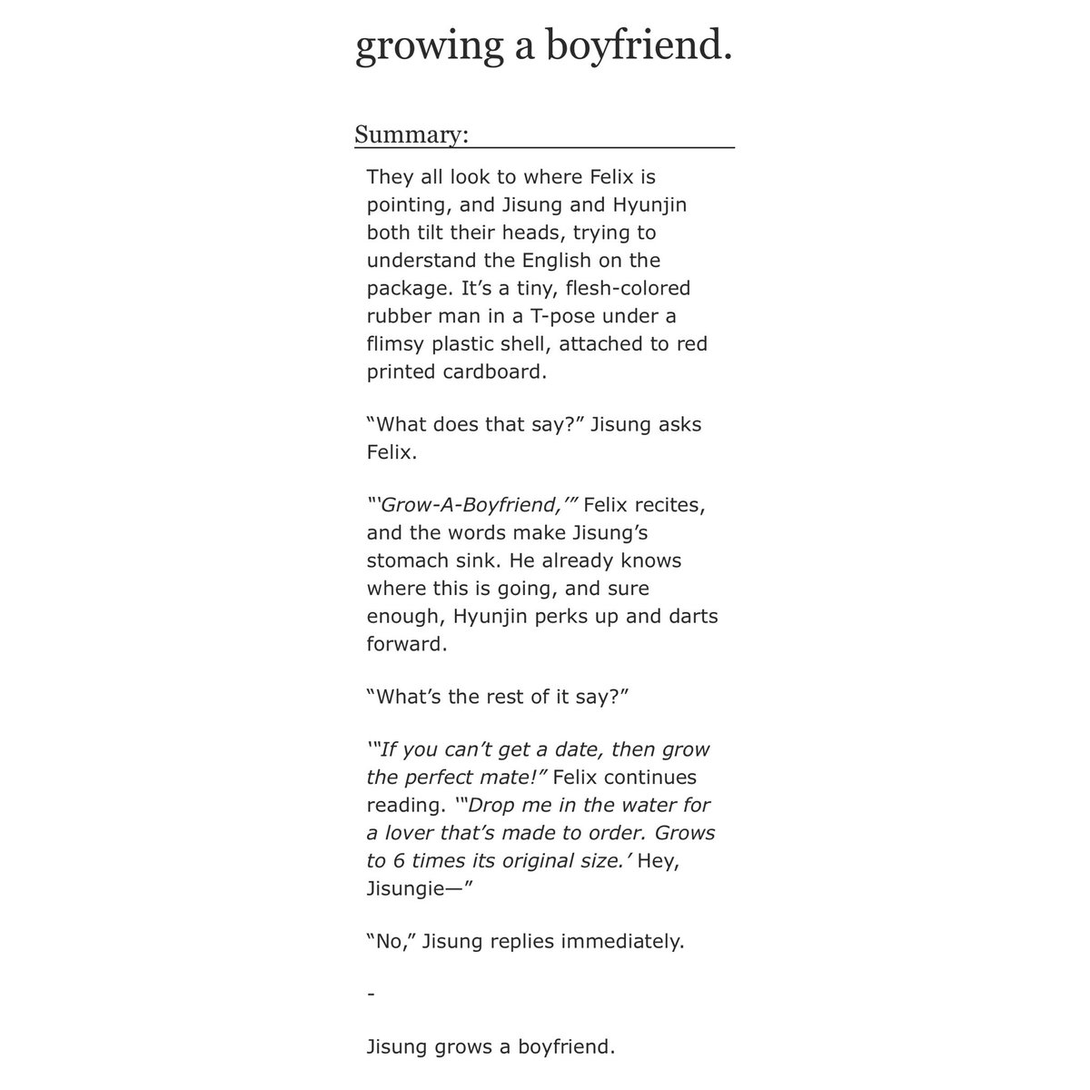 roseejvsng's tweet photo. growing a boyfriend.
˗ˏˋ ★ jngsng 🦊🐿️
˗ˏˋ ★ rated e
˗ˏˋ ★ crack treated very seriously
˗ˏˋ ★ tfw you grow a boyfriend from a package but you end up learning things about yourself instead
˗ˏˋ ★ one shot, 36k, complete
˗ˏˋ ★ for @jeongsungwriter

https://t.co/l4zCOi8voh https://t.co/NpUXdw4sLT