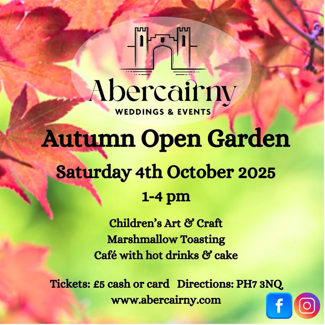 abercairny's tweet image. See you there!

Autumn Open Garden
Saturday 4th October 2025 1-4 pm

Children’s Art &amp;amp; Craft
Marshmallow Toasting
Café with hot drinks &amp;amp; cake

Tickets: £5 cash or card 
Directions: PH7 3NQ + follow signs 
Map: ///inherits.scuba.corals

#opengarden #scottishgarden
