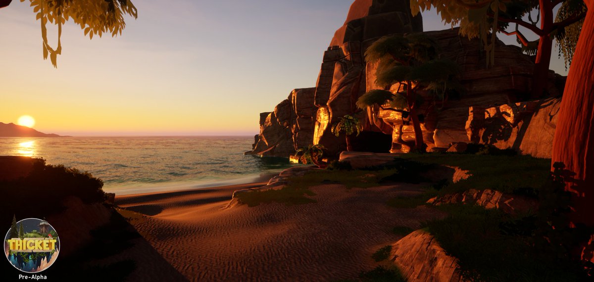 ☀️ Rise and Shine! ☀️

Our Lead Level Designer, <a href="/ZincDaydreams/">ZincDaydreams</a>, recently finished this area, and it's a brilliant spot for enjoying the sunrise.

What can we say? The perfect way to start your day is in one of #Thicket's lovely bays. 🏝️

#indiegame #cozygame #survivalgame #ue5