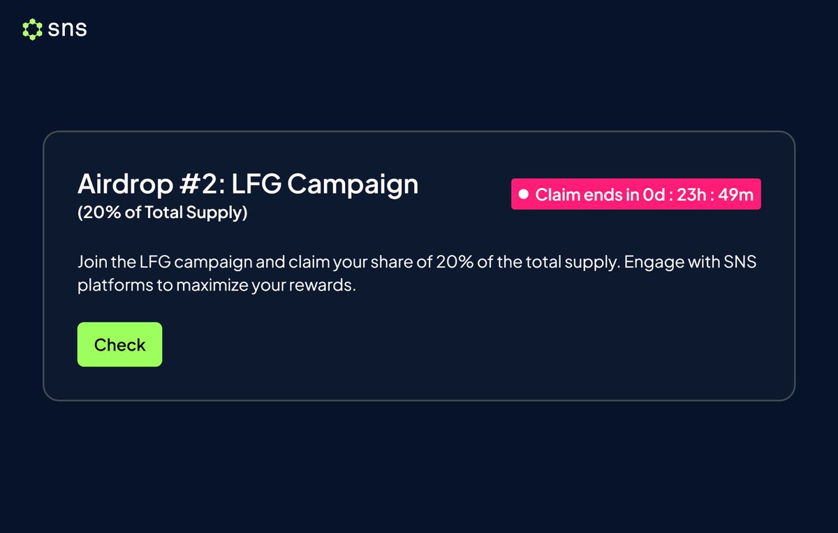 sns's tweet image. LFG claim ends tomorrow ⏰

If you joined LFG, purchased .sol domains and were active during the campaign, you could have $SNS to claim.

Post-deadline, all unclaimed tokens will be redirected to the ecosystem growth.