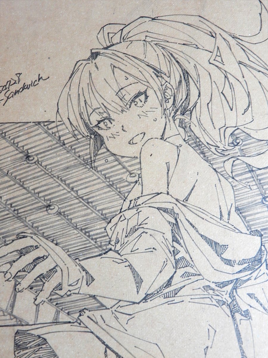 【作業中の絵4/9】 #ラフ #線画 #狐娘 #色紙 #原画 #アナログイラス 