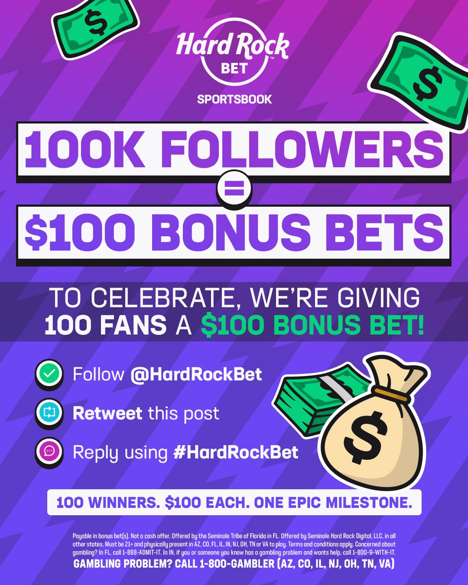 Hard Rock Bet (@hardrockbet) on Twitter photo 100K FOLLOWERS = $100 BONUS BETS
✅ Follow <a href="/HardRockBet/">Hard Rock Bet</a>
🔁 Retweet this post
✍️ Reply using #HardRockBet
💰 Admin is picking 100 WINNERS
Thank you for helping us hit 100,000! 100K FOLLOWERS = $100 BONUS BETS
✅ Follow <a href="/HardRockBet/">Hard Rock Bet</a>
🔁 Retweet this post
✍️ Reply using #HardRockBet
💰 Admin is picking 100 WINNERS
Thank you for helping us hit 100,000!