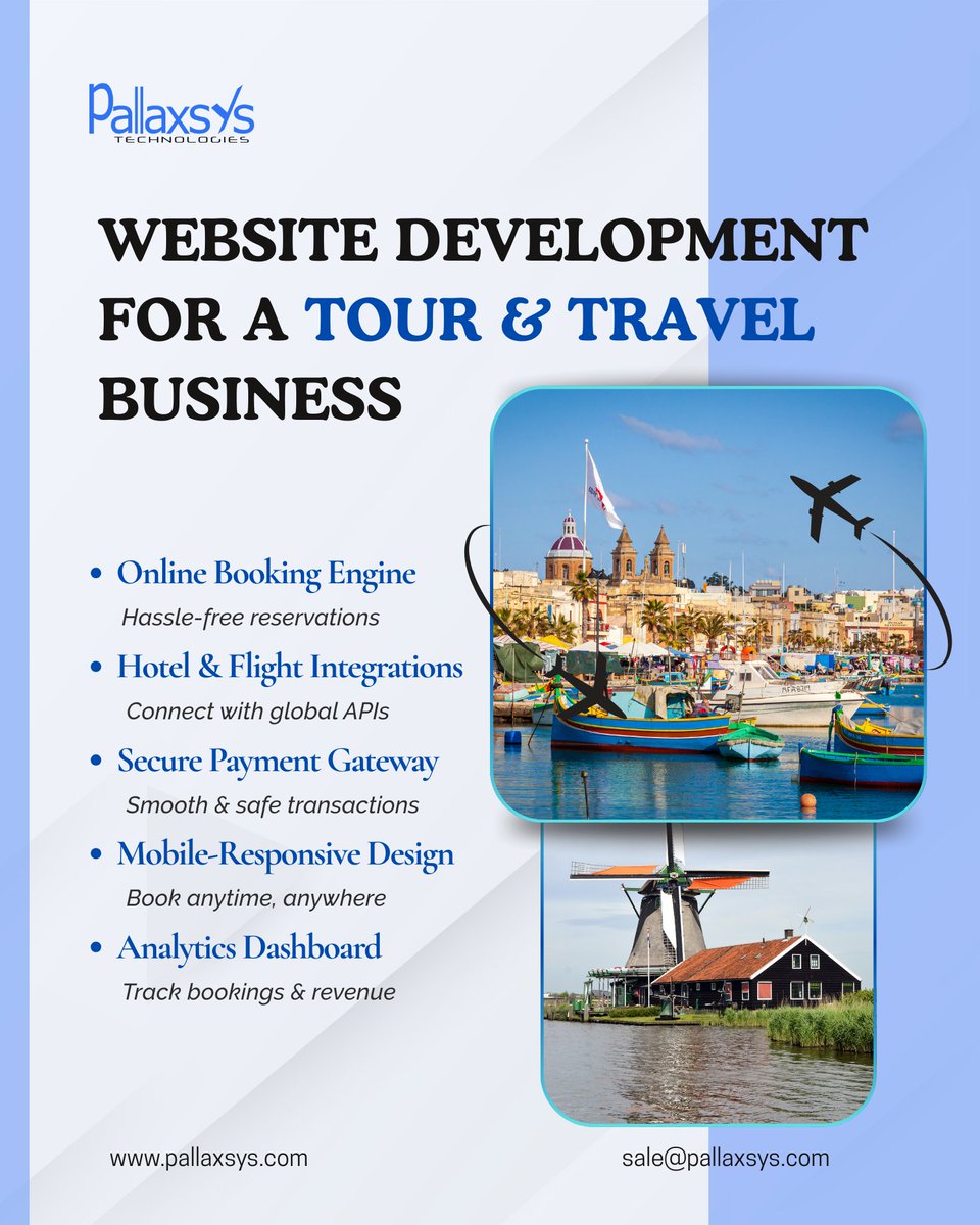 pallaxsys's tweet image. ✨ Transform your travel business with a powerful booking website! Let’s build your travel booking platform today!  📧 sale@pallaxsys.com

#TourAndTravel #WebDevelopment #TravelSolutions #Pallaxsys #TravelBooking #Travel #FlightBooking #HotelBooking