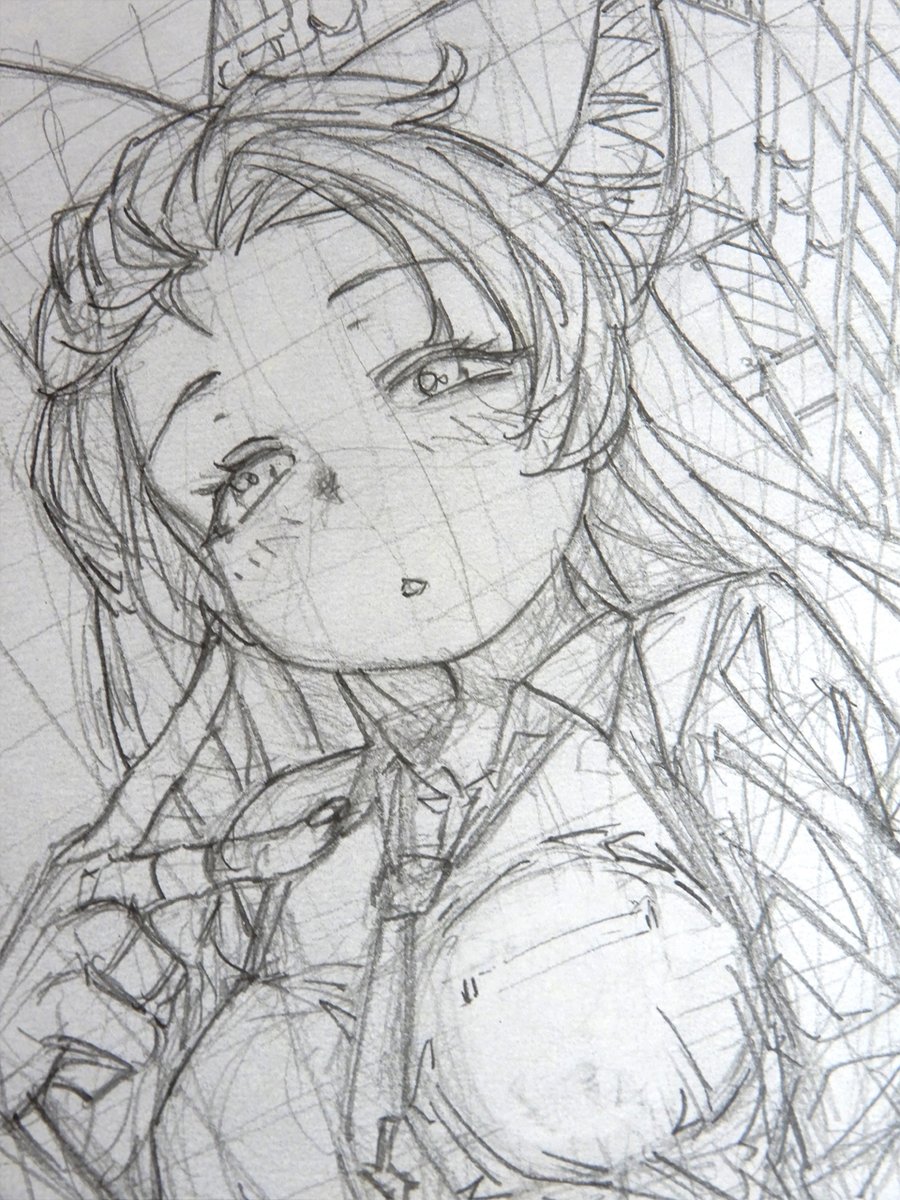【作業中の絵6/9】 #ラフ #線画 #狐娘 #色紙 #原画 #アナログイラスト 