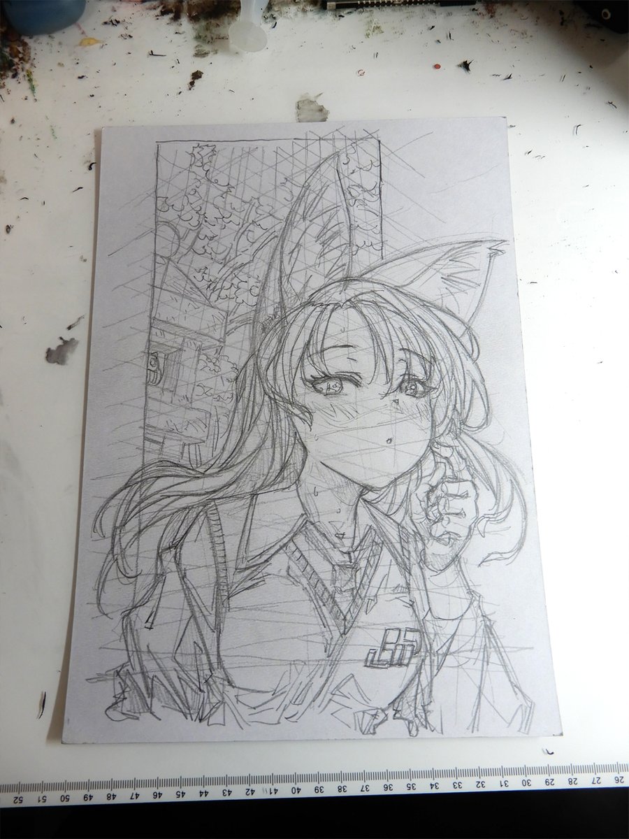 【作業中の絵8/9】 #ラフ #線画 #狐娘 #色紙 #原画 #アナログイラスト 