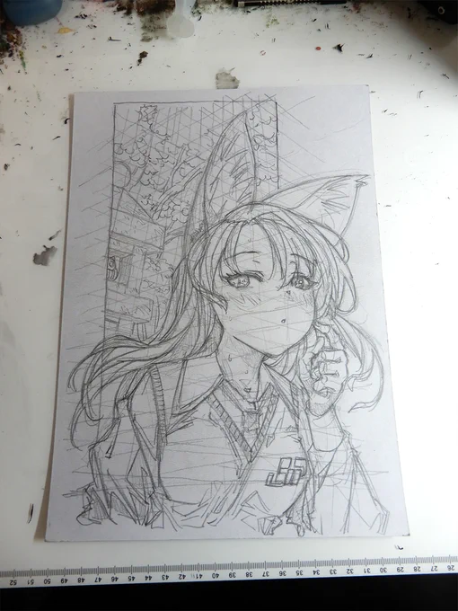 【作業中の絵8/9】 #ラフ #線画 #狐娘 #色紙 #原画 #アナログイラスト 
