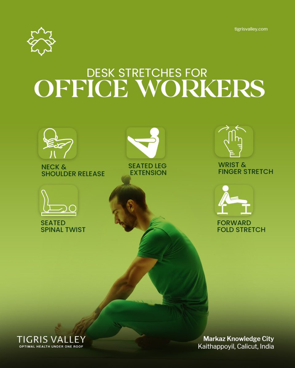 Take a break, stretch, and feel refreshed 💪 Simple desk stretches to boost energy &amp; posture.

#OfficeFitness #StayActive #WellnessAtWork #HealthyWorkday