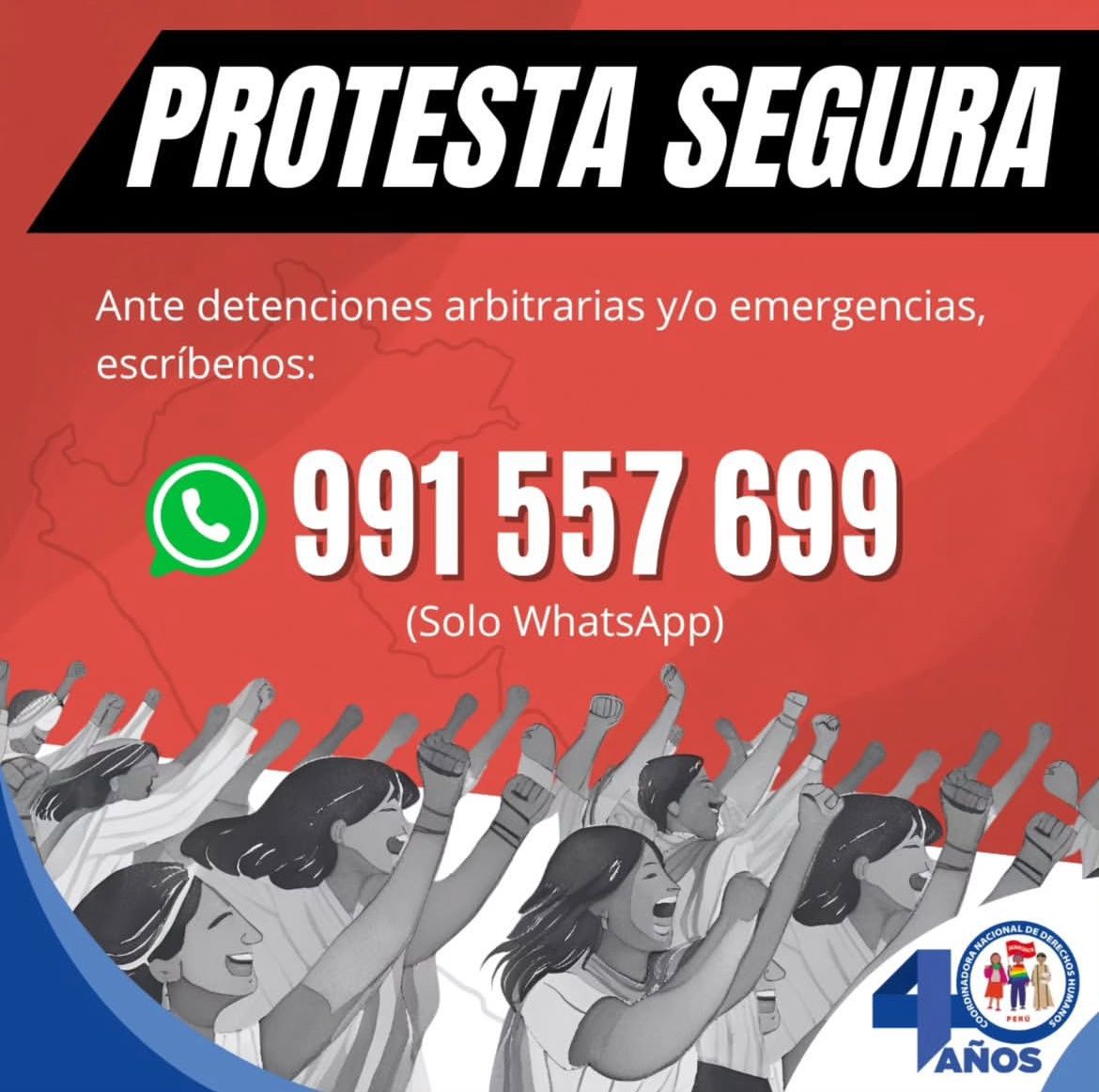 🔴 AVISO IMPORTANTE
Si participas hoy en la marcha pacífica y eres testigo o víctima de detenciones arbitrarias o abusos por parte de las fuerzas del orden, envíanos un mensaje.

📢 Difunde esta información.

#DerechosALaProtesta
#ProtestaSegura
 #CNDDHH