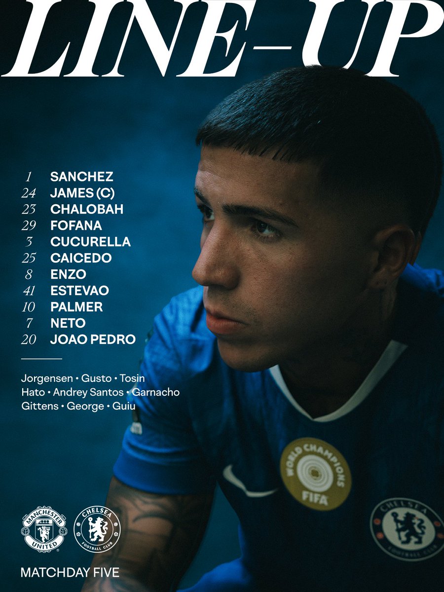 Team news from Old Trafford.

Man Utd XI: Bayindir; De Ligt, Maguire, Shaw; Mazraoui, Fernandes, Casemiro, Dorgu; Amad, Mbeumo; Sesko. 

Chelsea XI: Sanchez; James, Chalobah, Fofana, Cucurella; Enzo, Caicedo; Estevao, Palmer, Neto; Joao Pedro. 

#MUNCHE | #PL