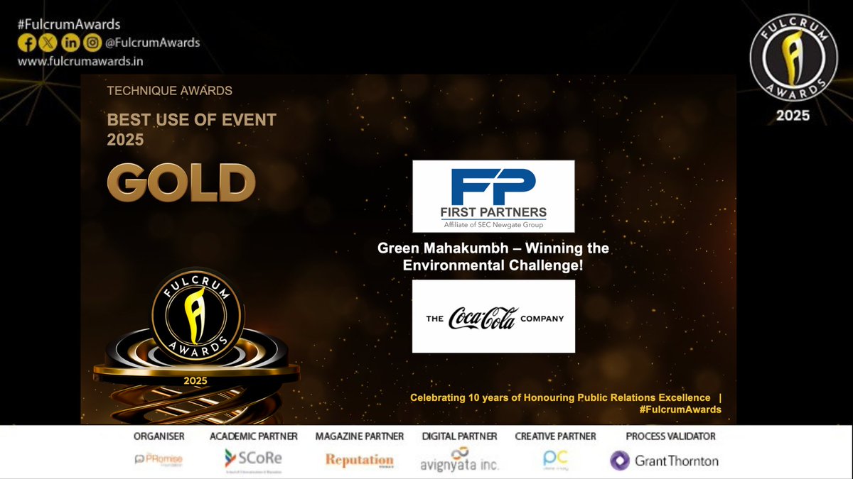 The Fulcrum Awards (@fulcrumawards) on Twitter photo Congratulations <a href="/FirstPartners_/">First Partners</a> for taking the GOLD in Technique Awards - Best use of Event for the campaign “Green Mahakumbh – Winning the Environmental Challenge!” for Coca-Cola India & Southwest Asia
#FulcrumAwards Congratulations <a href="/FirstPartners_/">First Partners</a> for taking the GOLD in Technique Awards - Best use of Event for the campaign “Green Mahakumbh – Winning the Environmental Challenge!” for Coca-Cola India & Southwest Asia
#FulcrumAwards