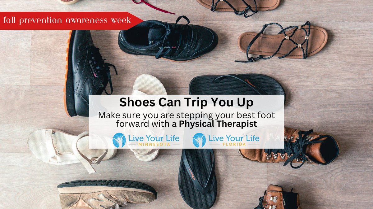 LiveYourLife_PT's tweet image. Make sure your shoes give you the best chance at staying fall free. If you don't know if your shoes are dangerous for your balance, consult a physical therapist. Check out our services here: bit.ly/4bnZwwn #fallfree #fallprevention #fallpreventionweek #awareness #shoes