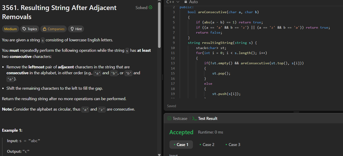 RajatJadon_'s tweet photo. LeetCode (Medium): Resulting String After Adjacent Removals 

Stack-based problems always remind me how a simple data structure can handle tricky string operations with elegance 

#LeetCode #DSA #ProblemSolving #CodingConsistency https://t.co/CPRuSmwAP9