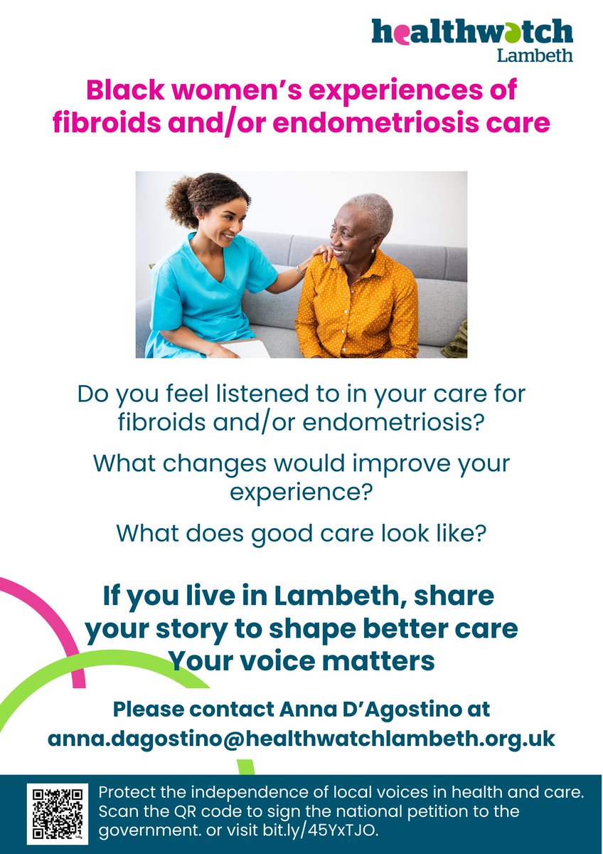 BlackThriveLbth's tweet photo. Black women’s voices matter. 🖤💜
@HWLambeth wants to hear about your experiences of fibroids &amp;/or endometriosis care in Lambeth.
Help shape better services.
📩 anna.dagostino@healthwatchlambeth.org.uk https://t.co/b4iwyvwPTP