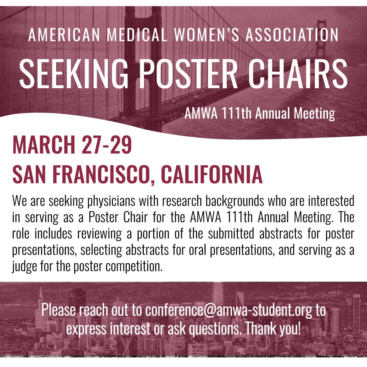 AMWADoctors's tweet photo. 📢 Calling all physicians with research experience!
AMWA is seeking Poster Chairs for the 111th Annual Meeting (March 27–29, San Francisco). Help review abstracts, select oral presentations, & judge the poster competition.
📩 Interested? Email: conference@amwa-student.org
#AMWA #MedWriting #MedicalResearch #WomenInMedicine