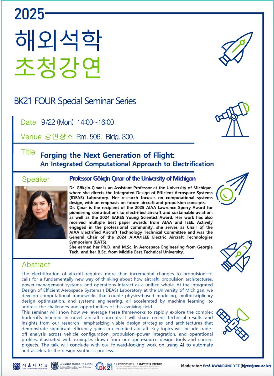 Heading to Korea for the first time! Honored to be invited for a full week of sharing our work on aircraft electrification &amp; sustainable aviation at SNU, KIAST, KARI &amp; KASA. Excited for the exchanges and new collaborations ahead. 🇰🇷