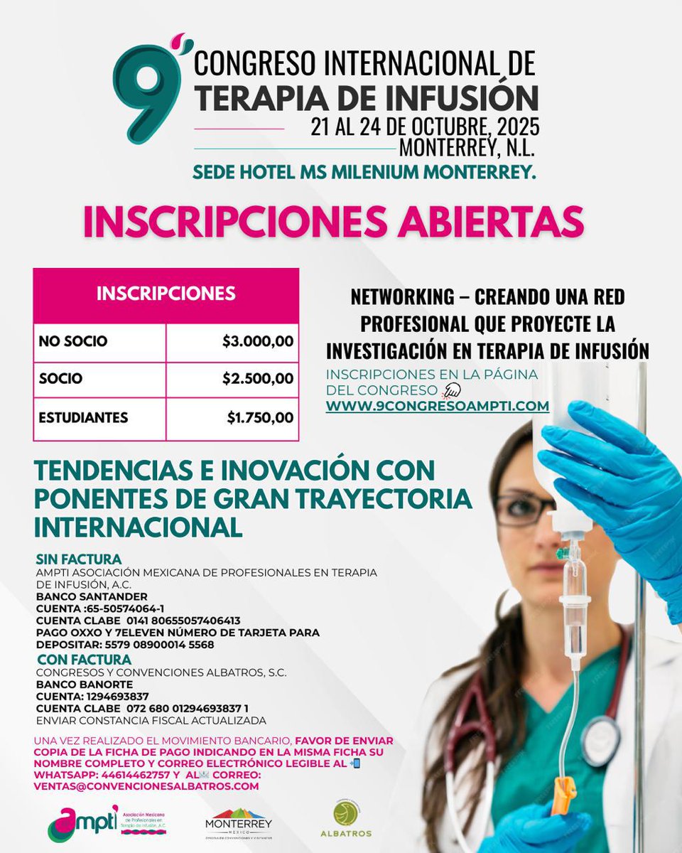 🚨 ¡Recuerda que ya puedes asegurar tu lugar en el 9° Congreso Internacional de Terapia de Infusión! 🚨

📅 21 al 24 de octubre de 2025
📍 Hotel MS Milenium, Monterrey, N.L.

👉 Inscríbete en: 9congresoampti.com

📲 Más información al WhatsApp: 44614462757 | 5532670170