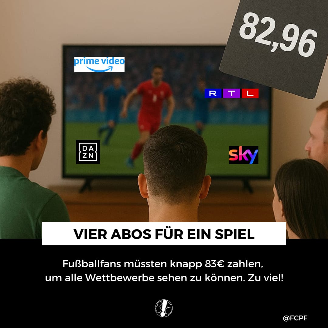 Ein Spiel, vier Abos, fast 83€ im Monat. 💸 

Wer wirklich alle Wettbewerbe verfolgen will, muss tief in die Tasche greifen. Ist das noch Fanfreundlich? Klares NEIN!⚽🤔

#PlayFair #Bundesliga #Abo #TV #Sky #DAZN #MagentaTV #DFL