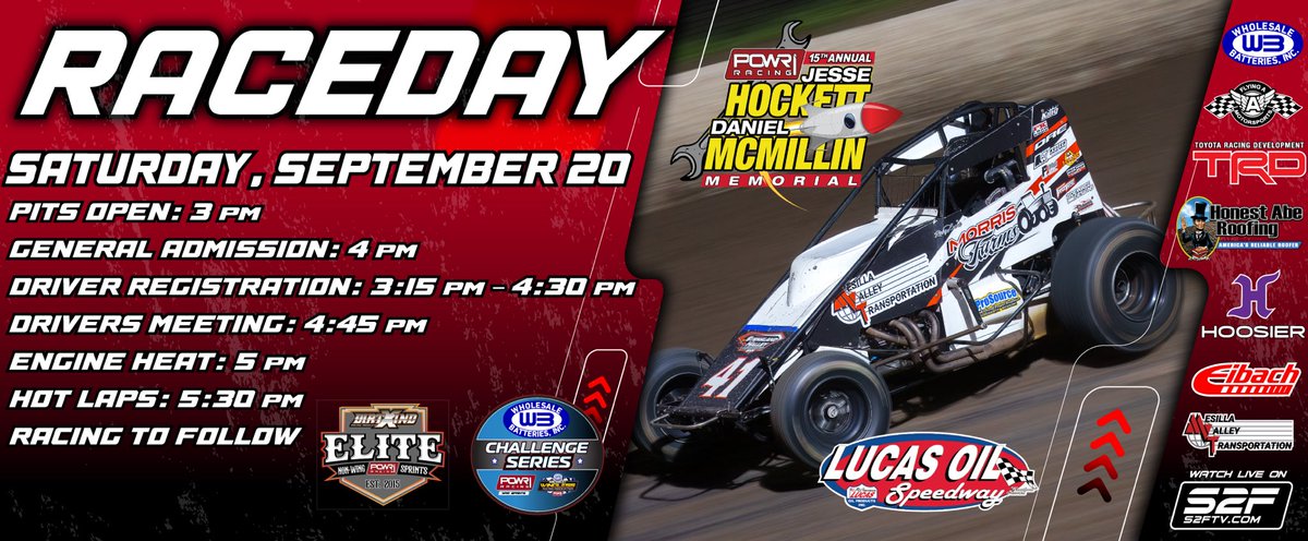 Championship Night 🏆 Hockett/McMillin Memorial at Lucas Oil Speedway — Wholesale Batteries, Inc. POWRi WAR/Midwest Wingless Racing Association Challenge Series + POWRi Elite Non-Wing Sprint Car Series!