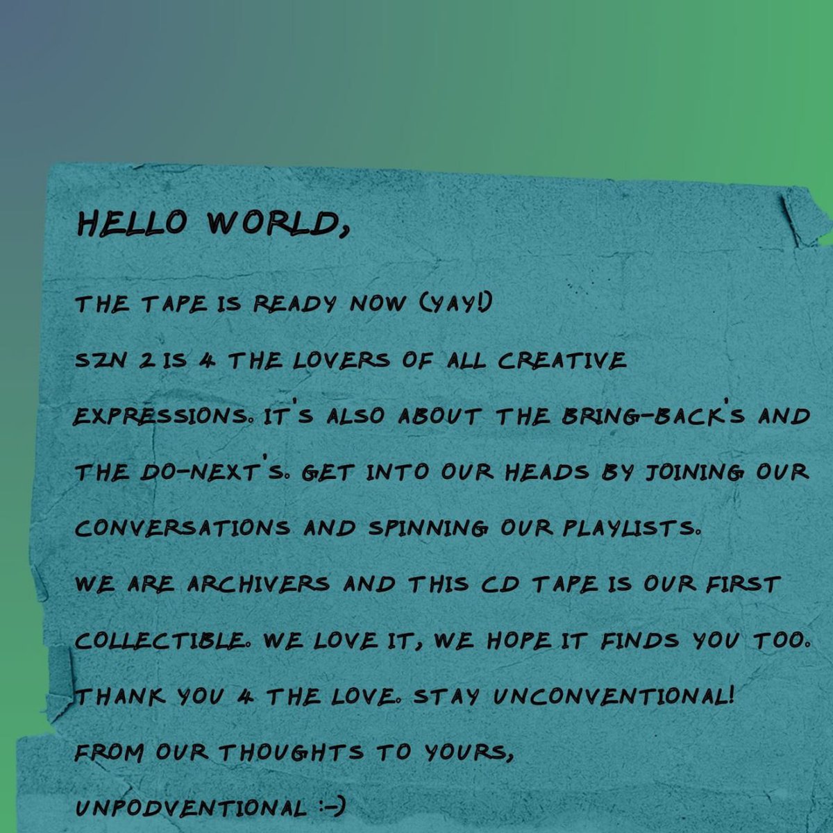 unpodventional's tweet photo. as a fan of physically owning music, this season is inspired by the cassettes and vinyls around us growing up. 
this season has its own collectible, the cd tape. we’re building an archive. 

here’s unpodventional szn 2, the tape. https://t.co/4ABmhvgSA6