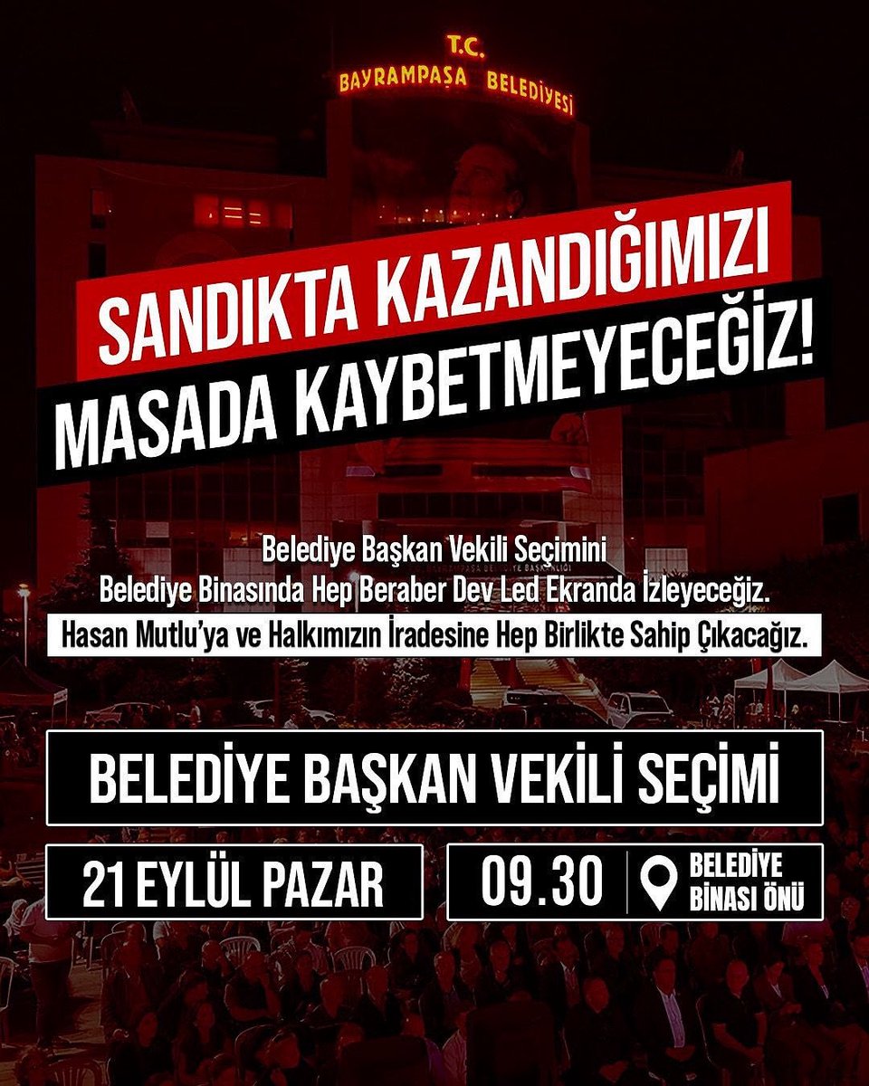 Değerli Bayrampaşalı komşularım,
Yarın (21 Eylül Pazar) belediye meclisimizde yeni bir başkan vekili seçimi yapılacak.

31 Mart 2024’te sizlerin oylarıyla göreve gelen Cumhuriyet Halk Partisi yönetimi, sadece bizlere oy verenlerin değil Bayrampaşa’mızda yaşayan, emek veren tüm