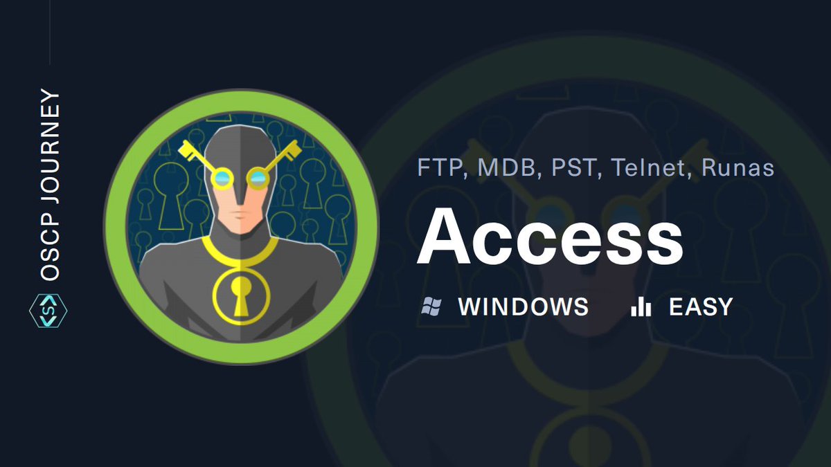 Strikoder's tweet image. New HackTheBox walkthrough: Access
In this one, I go through:
- FTP enumeration
- Dumping an MDB database
- Extracting a PST file
- Telnet exploitation
- Multiple privilege escalation methods

Full video here: youtu.be/H5HNbhIzVco
#hackthebox #oscp #ethicalhacking