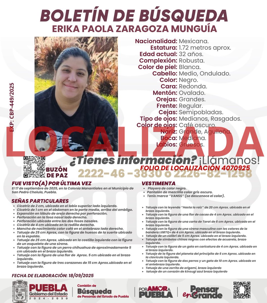 busquedagobpue's tweet photo. Se informa que Erika Paola Zaragoza Munguia  fue localizada.
¡Gracias por tu ayuda! https://t.co/l08xUbTeOT