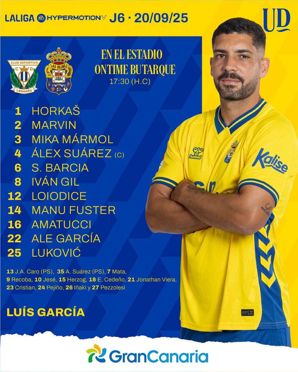 🚨 XI de la UD Las Palmas 🚨 

Luis García saca un equipo parecido al que ya nos tiene habituados cada jornada, pero con la siguiente incorporación...

🔙 Alex Suárez vuelve a la titularidad después de mucho tiempo.