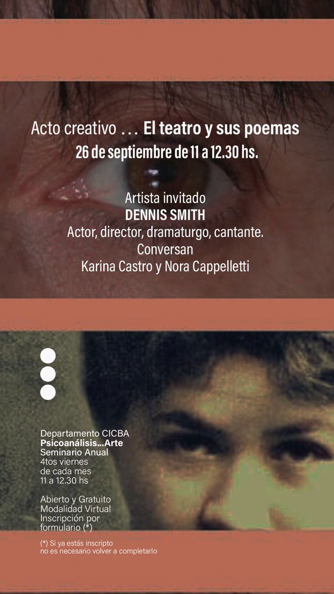 Acto creativo ... el teatro y sus poemas.

26 de septiembre de 11 a 12:30 hs.
 
Artista invitado: DENNIS SMITH Actor, director, dramaturgo, cantante.

Conversan con el invitado: Karina Castro y Nora Cappelletti