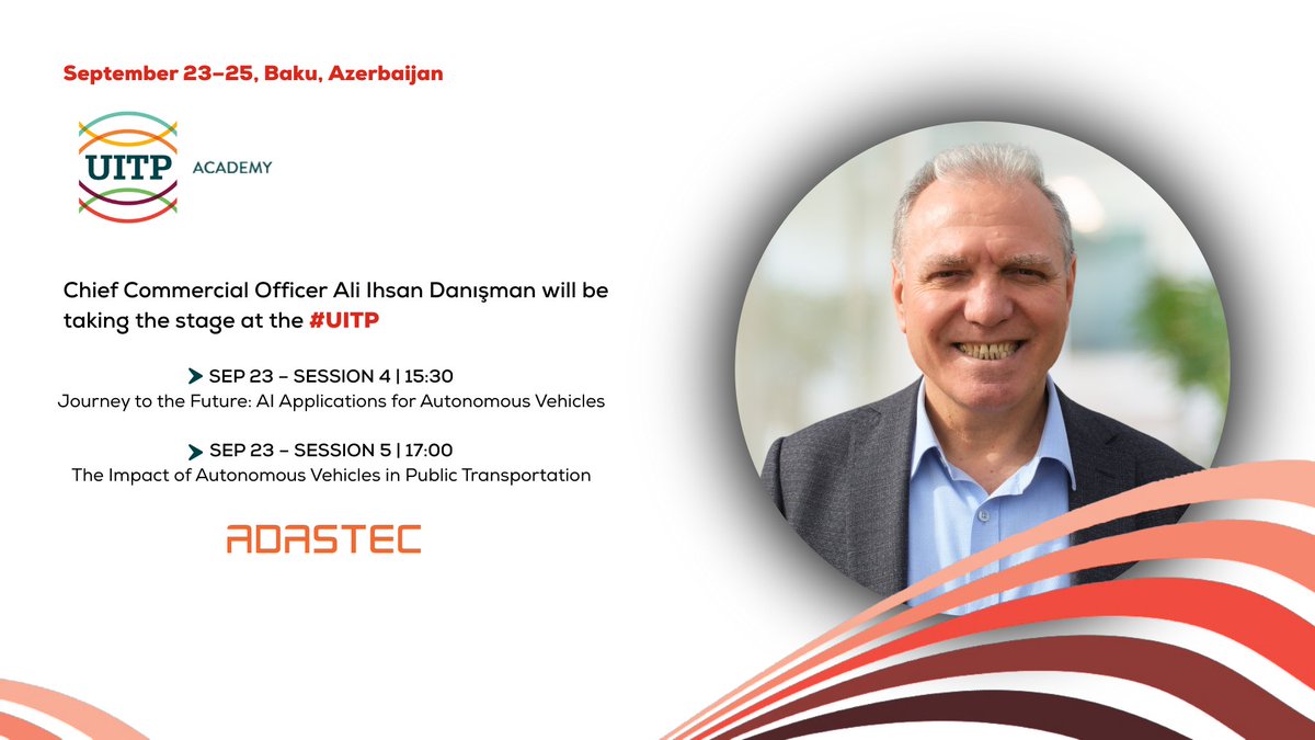 AdastecCorp's tweet photo. 🌍 ADASTEC at the UITP Eurasia in Baku! 

Ali Ihsan Danışman, Chief Commercial Officer at ADASTEC, will be taking the stage to present how https://t.co/CV9NOraDkW, ADASTEC’s SAE Level-4 automated driving software platform, is shaping the future of public transportation.

Mr. Danışman will dive into how https://t.co/CV9NOraDkW is integrated into real-world transit networks, highlighting recent deployments across Europe and the U.S. The focus will be on how https://t.co/CV9NOraDkW enables safe, scalable, and sustainable automated driving, with advanced perception, mapping, and decision-making software transforming daily operations into a living example of future mobility.

📌 Sessions: 
🕒 Sep 23 – Session 4 |  
Journey to the Future: AI Applications for Autonomous Vehicles 
🕔 Sep 23 – Session 5 |  
The Impact of Autonomous Vehicles in Public Transportation

Join us at the #UITPAcademy to explore how advanced automation is shaping the future of public transport.

#AutonomousVehicles #PublicTransportation #AutomatedDriving #FutureOfMobility