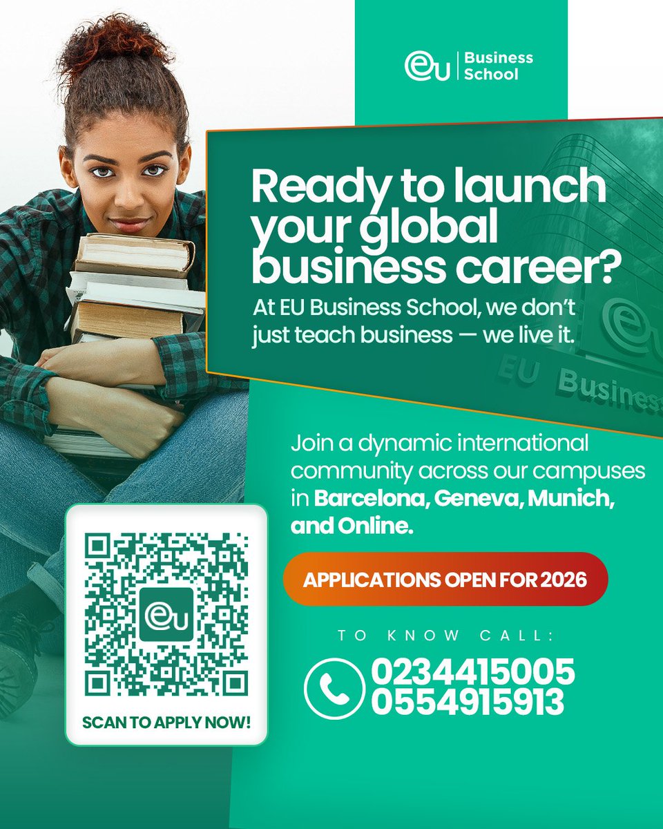 Comestudyint's tweet image. At @eu_business_school, you earn a degree &amp;amp; launch a career. 
Study in Spain, Germany, or Switzerland campus.
 Scan the QR code to apply. Call 023 441 5005 or 055 491 5913 for application &amp;amp; visa support. #StudyinEurope
