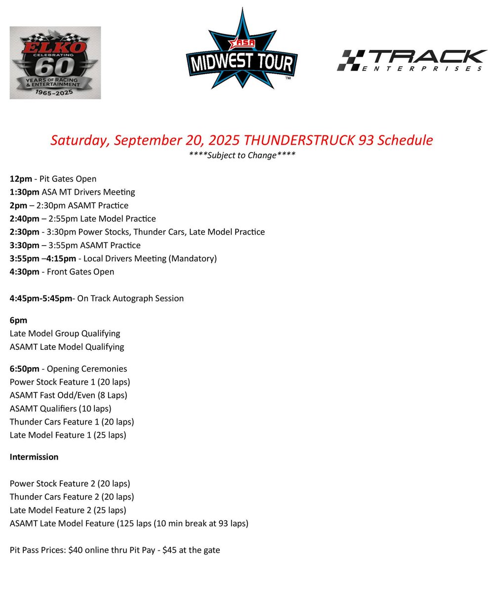 It is ASA <a href="/MidwestTour/">Midwest Tour</a> Race Day at <a href="/Elko_Speedway/">Elko Speedway</a>!

More info on fliers and at facebook.com/share/p/1CyFwC…