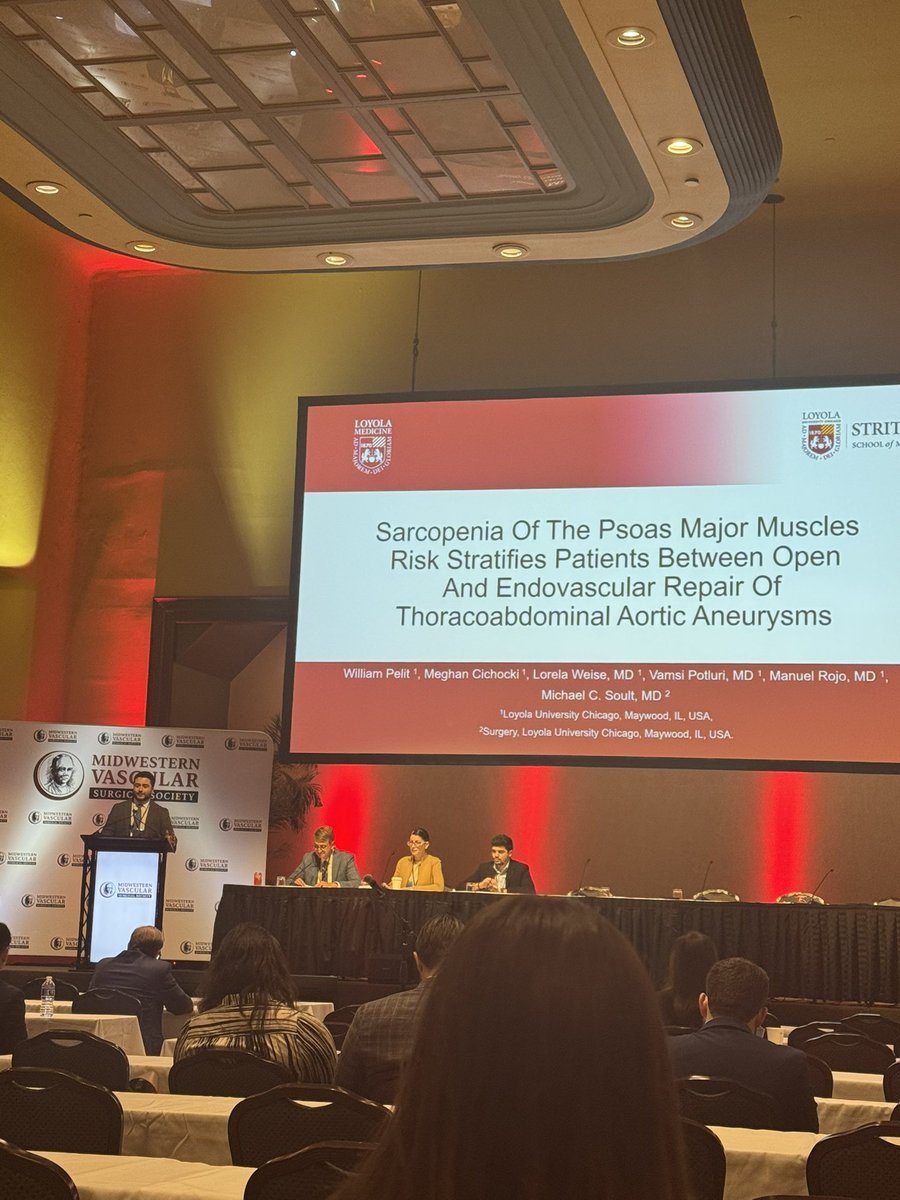 Great job by William Pelit <a href="/PelitWilli40981/">William Pelit</a> presenting on Sarcopenia in outcomes of open and endovascular thiracoabdominal aneurysm repair! <a href="/LoyolaVascular/">Loyola Vascular Surg</a> <a href="/BAulivolaMD/">Bernadette Aulivola</a> <a href="/LoyolaSurgery/">Loyola Surgery</a> <a href="/MWVSSociety/">Midwestern Vascular Surgical Society</a>